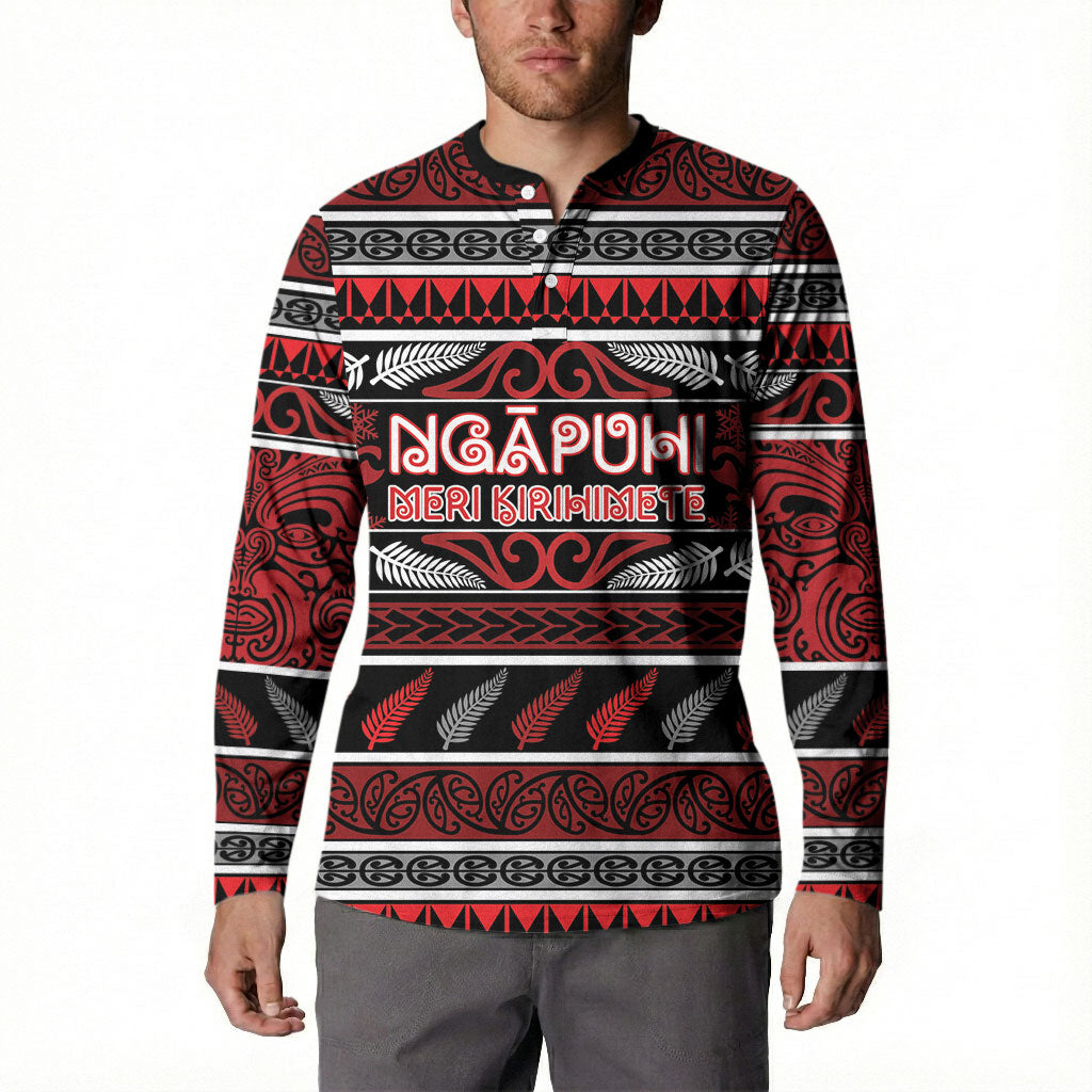 Personalised Ngapuhi Aotearoa Meri Kirihimete Button Sweatshirt Maori Silver Fern Koru Tribal Pattern