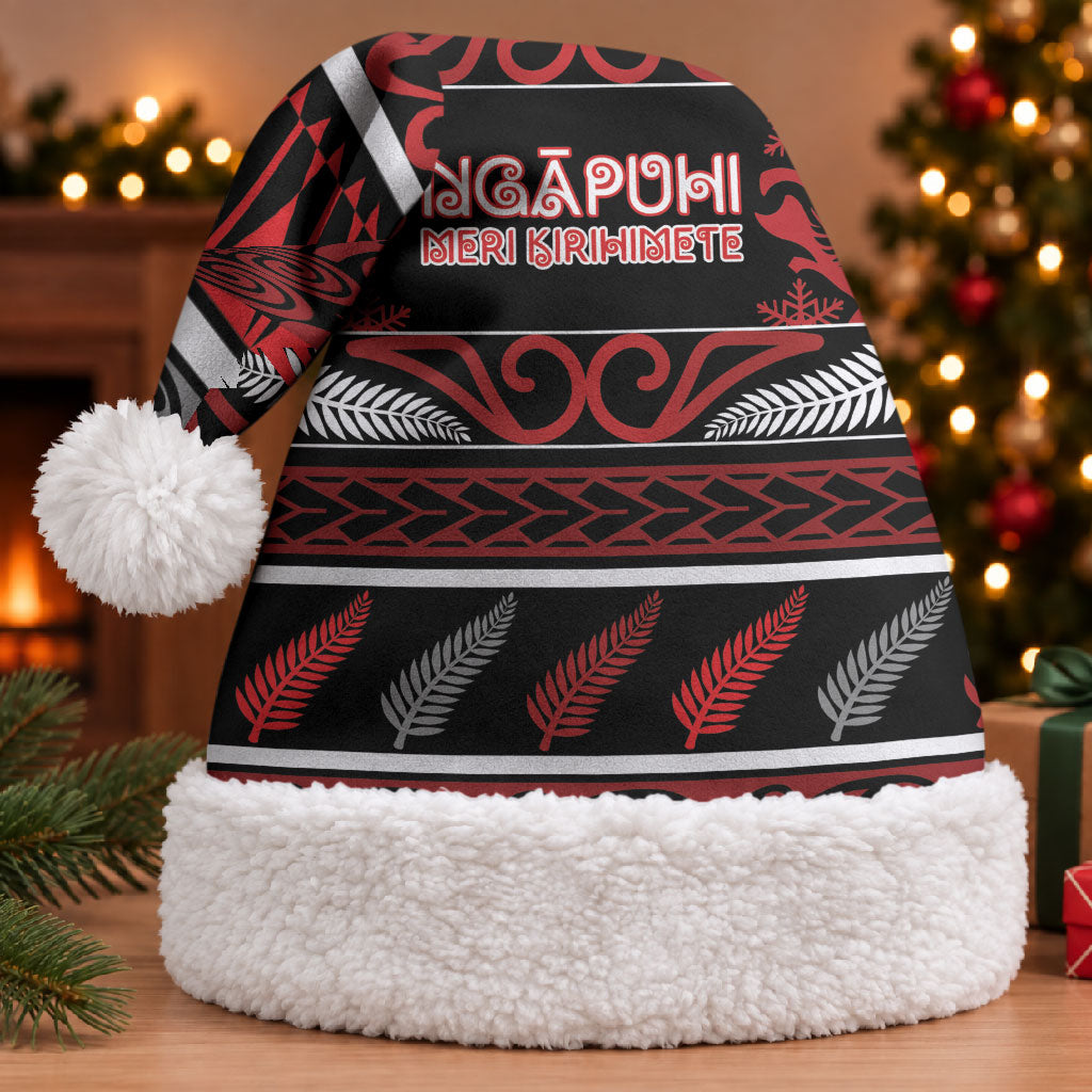 Personalised Ngapuhi Aotearoa Meri Kirihimete Christmas Santa Hat Maori Silver Fern Koru Tribal Pattern