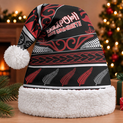 Personalised Ngapuhi Aotearoa Meri Kirihimete Christmas Santa Hat Maori Silver Fern Koru Tribal Pattern