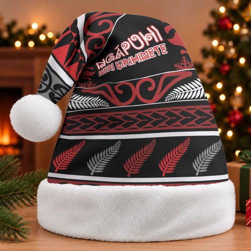 Personalised Ngapuhi Aotearoa Meri Kirihimete Christmas Santa Hat Maori Silver Fern Koru Tribal Pattern