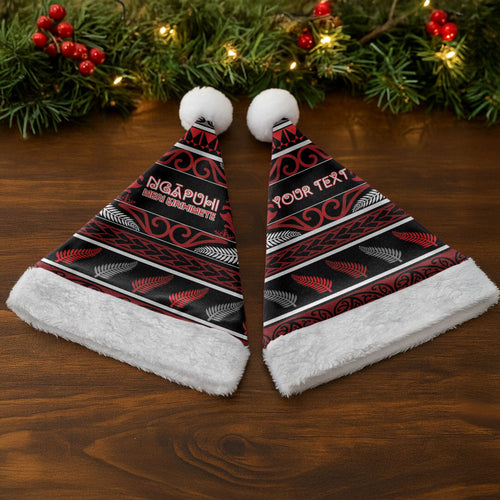 Personalised Ngapuhi Aotearoa Meri Kirihimete Christmas Santa Hat Maori Silver Fern Koru Tribal Pattern