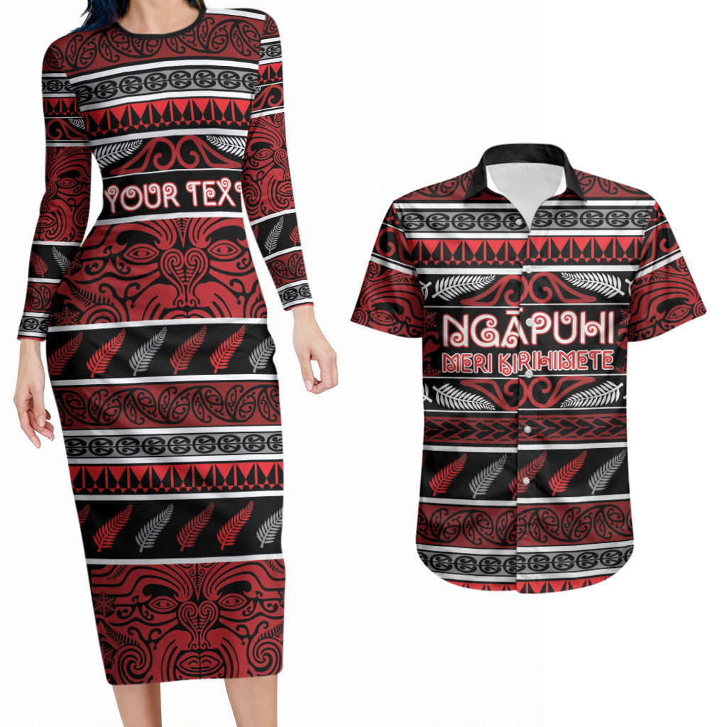 Personalised Ngapuhi Aotearoa Meri Kirihimete Couples Matching Long Sleeve Bodycon Dress and Hawaiian Shirt Maori Silver Fern Koru Tribal Pattern