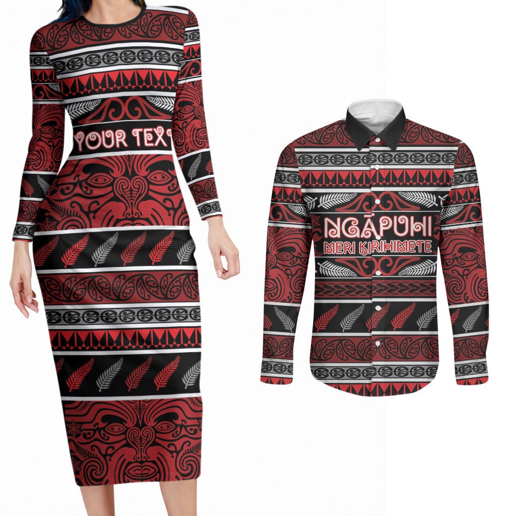 Personalised Ngapuhi Aotearoa Meri Kirihimete Couples Matching Long Sleeve Bodycon Dress and Long Sleeve Button Shirt Maori Silver Fern Koru Tribal Pattern