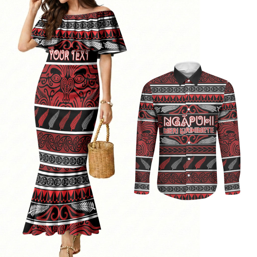 Personalised Ngapuhi Aotearoa Meri Kirihimete Couples Matching Mermaid Dress and Long Sleeve Button Shirt Maori Silver Fern Koru Tribal Pattern