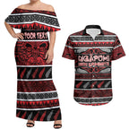 Personalised Ngapuhi Aotearoa Meri Kirihimete Couples Matching Off Shoulder Maxi Dress and Hawaiian Shirt Maori Silver Fern Koru Tribal Pattern