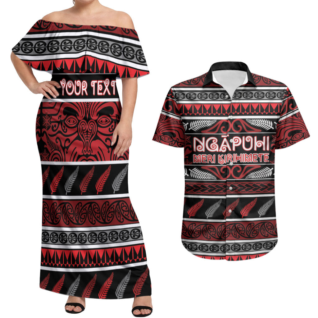 Personalised Ngapuhi Aotearoa Meri Kirihimete Couples Matching Off Shoulder Maxi Dress and Hawaiian Shirt Maori Silver Fern Koru Tribal Pattern