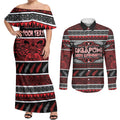 Personalised Ngapuhi Aotearoa Meri Kirihimete Couples Matching Off Shoulder Maxi Dress and Long Sleeve Button Shirt Maori Silver Fern Koru Tribal Pattern