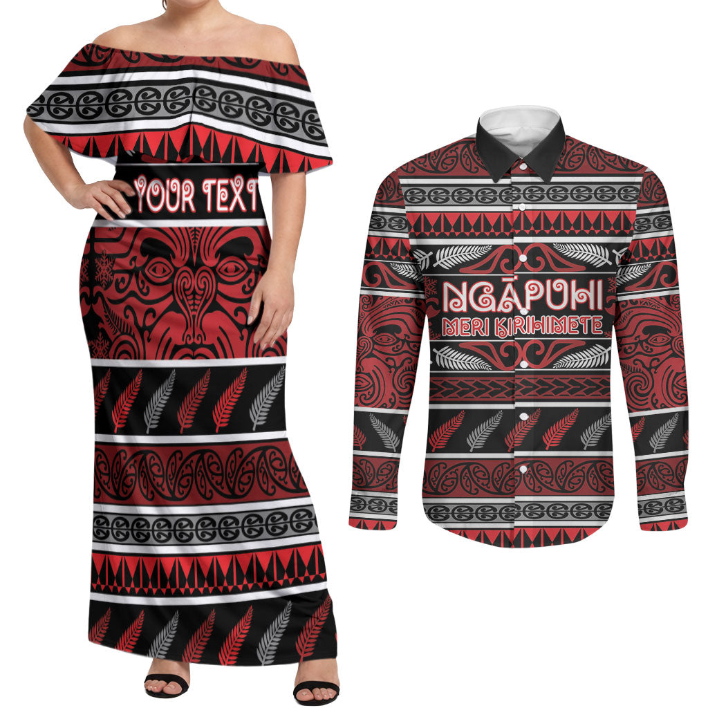 Personalised Ngapuhi Aotearoa Meri Kirihimete Couples Matching Off Shoulder Maxi Dress and Long Sleeve Button Shirt Maori Silver Fern Koru Tribal Pattern