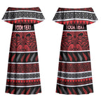 Personalised Ngapuhi Aotearoa Meri Kirihimete Couples Matching Off Shoulder Maxi Dress and Long Sleeve Button Shirt Maori Silver Fern Koru Tribal Pattern