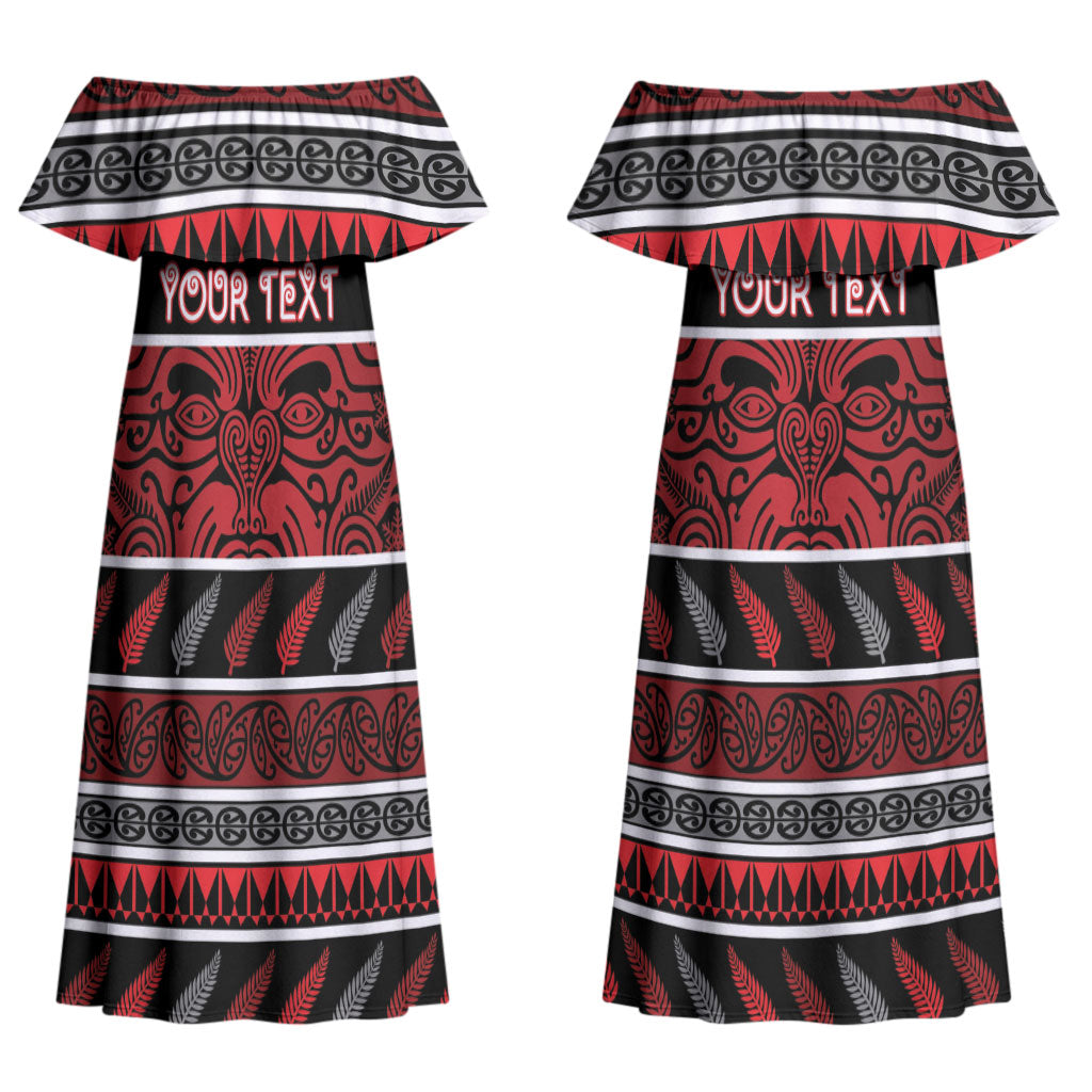 Personalised Ngapuhi Aotearoa Meri Kirihimete Couples Matching Off Shoulder Maxi Dress and Long Sleeve Button Shirt Maori Silver Fern Koru Tribal Pattern
