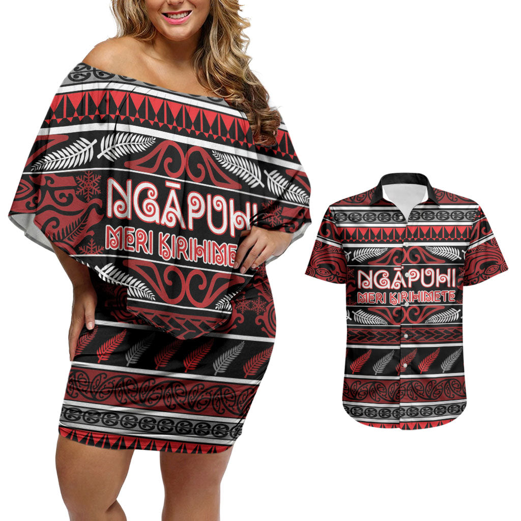 Personalised Ngapuhi Aotearoa Meri Kirihimete Couples Matching Off Shoulder Short Dress and Hawaiian Shirt Maori Silver Fern Koru Tribal Pattern