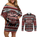 Personalised Ngapuhi Aotearoa Meri Kirihimete Couples Matching Off Shoulder Short Dress and Long Sleeve Button Shirt Maori Silver Fern Koru Tribal Pattern