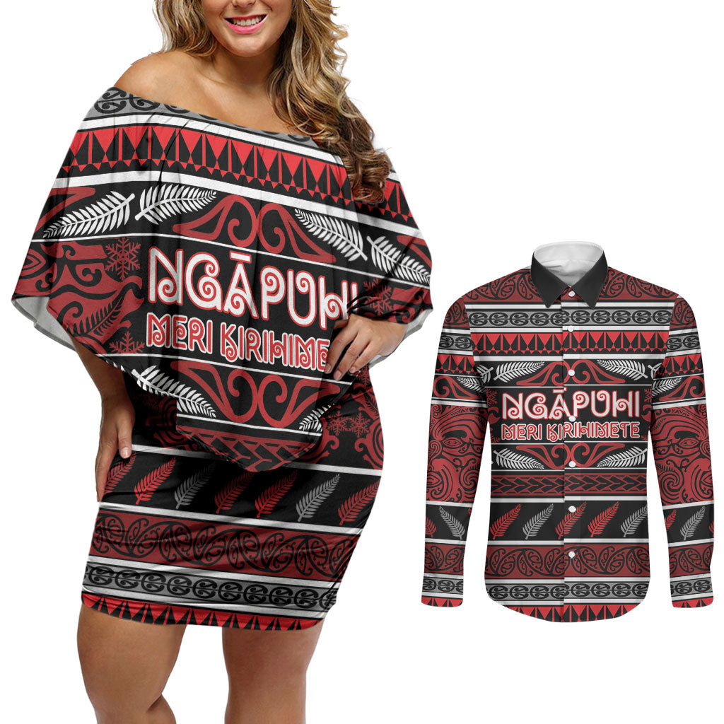 Personalised Ngapuhi Aotearoa Meri Kirihimete Couples Matching Off Shoulder Short Dress and Long Sleeve Button Shirt Maori Silver Fern Koru Tribal Pattern