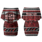 Personalised Ngapuhi Aotearoa Meri Kirihimete Couples Matching Off Shoulder Short Dress and Long Sleeve Button Shirt Maori Silver Fern Koru Tribal Pattern
