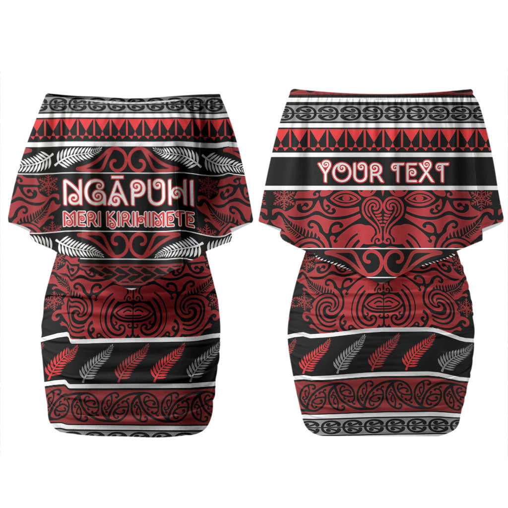 Personalised Ngapuhi Aotearoa Meri Kirihimete Couples Matching Off Shoulder Short Dress and Long Sleeve Button Shirt Maori Silver Fern Koru Tribal Pattern