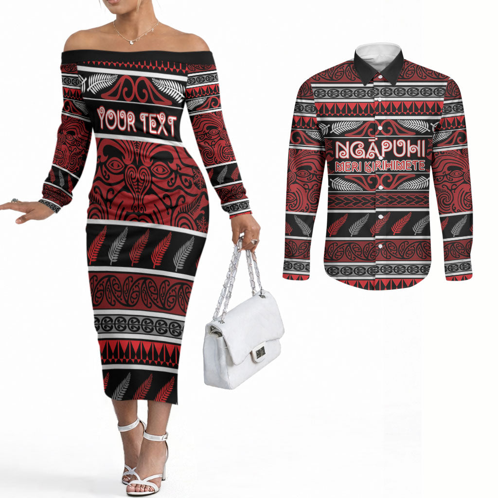 Personalised Ngapuhi Aotearoa Meri Kirihimete Couples Matching Off The Shoulder Long Sleeve Dress and Long Sleeve Button Shirt Maori Silver Fern Koru Tribal Pattern