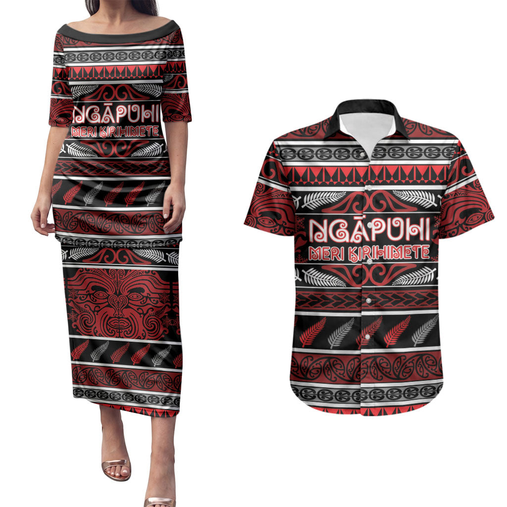 Personalised Ngapuhi Aotearoa Meri Kirihimete Couples Matching Puletasi and Hawaiian Shirt Maori Silver Fern Koru Tribal Pattern