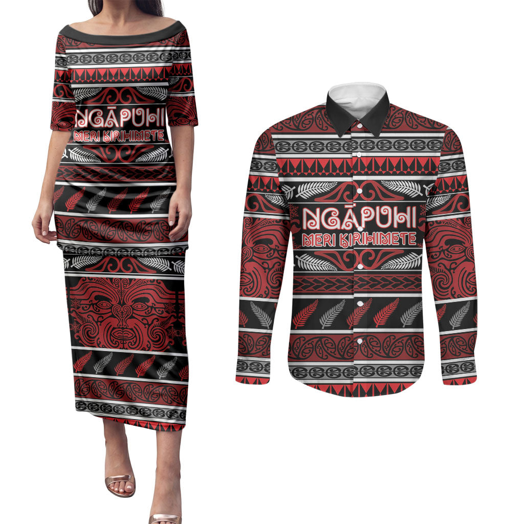Personalised Ngapuhi Aotearoa Meri Kirihimete Couples Matching Puletasi and Long Sleeve Button Shirt Maori Silver Fern Koru Tribal Pattern