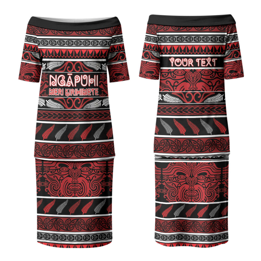 Personalised Ngapuhi Aotearoa Meri Kirihimete Couples Matching Puletasi and Long Sleeve Button Shirt Maori Silver Fern Koru Tribal Pattern