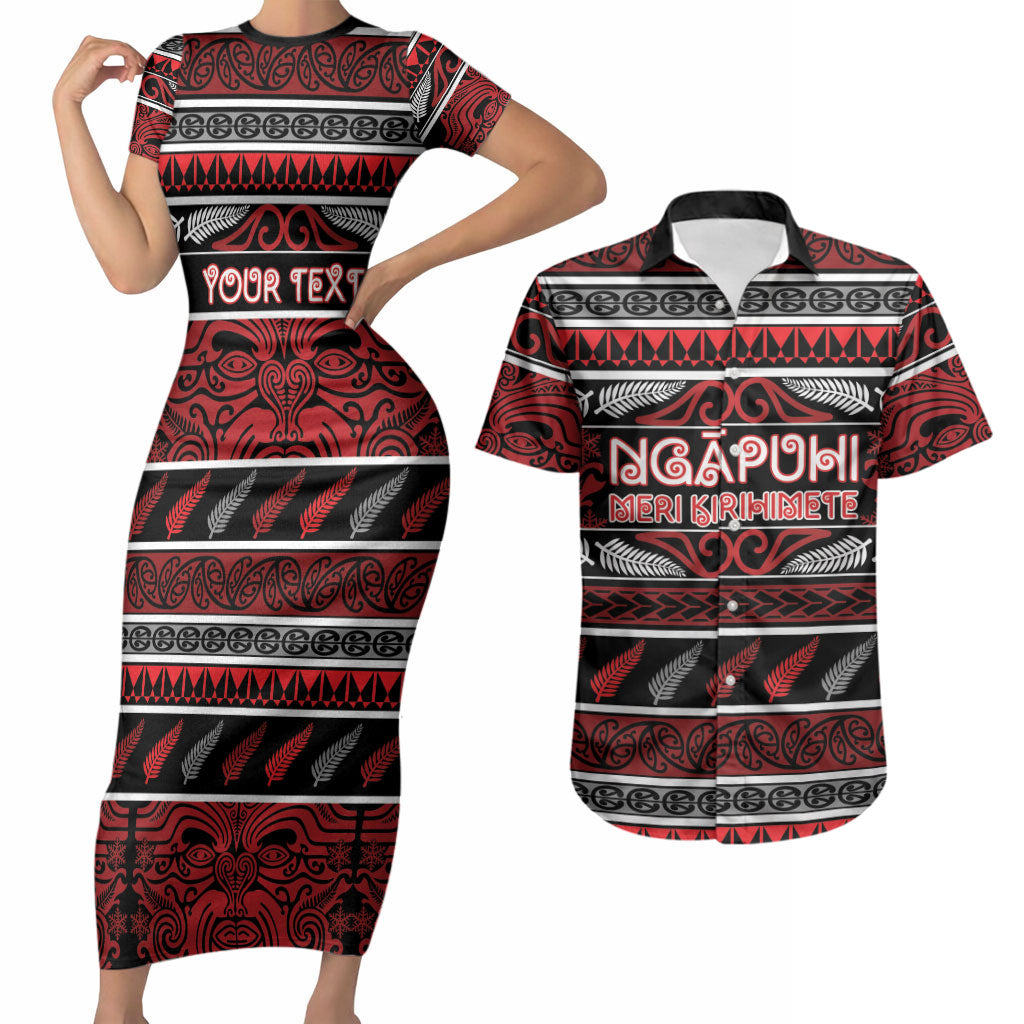Personalised Ngapuhi Aotearoa Meri Kirihimete Couples Matching Short Sleeve Bodycon Dress and Hawaiian Shirt Maori Silver Fern Koru Tribal Pattern