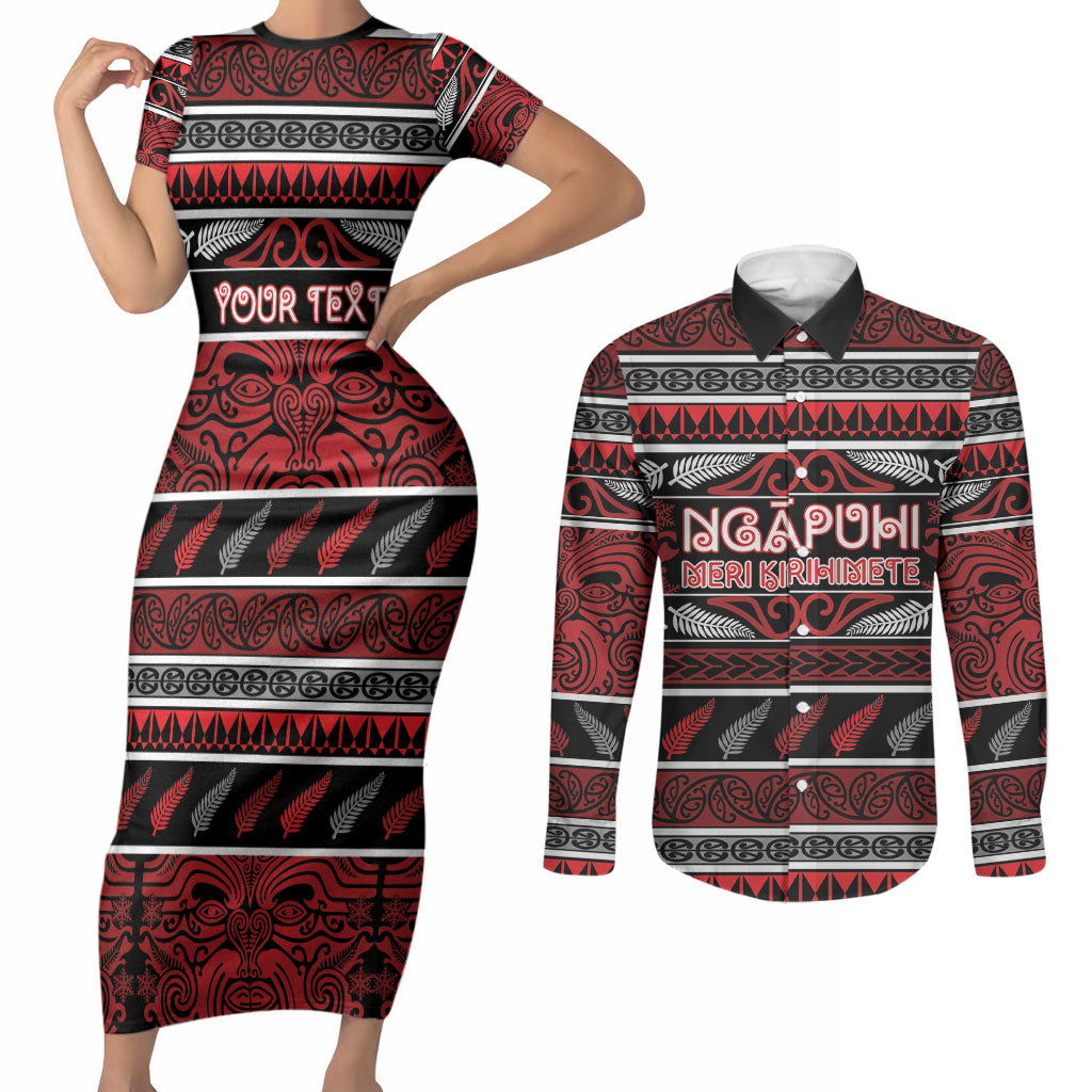 Personalised Ngapuhi Aotearoa Meri Kirihimete Couples Matching Short Sleeve Bodycon Dress and Long Sleeve Button Shirt Maori Silver Fern Koru Tribal Pattern