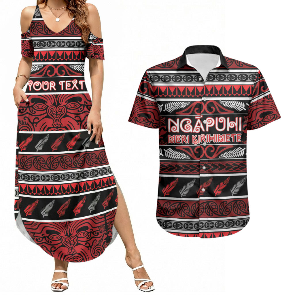 Personalised Ngapuhi Aotearoa Meri Kirihimete Couples Matching Summer Maxi Dress and Hawaiian Shirt Maori Silver Fern Koru Tribal Pattern
