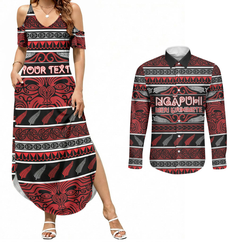 Personalised Ngapuhi Aotearoa Meri Kirihimete Couples Matching Summer Maxi Dress and Long Sleeve Button Shirt Maori Silver Fern Koru Tribal Pattern