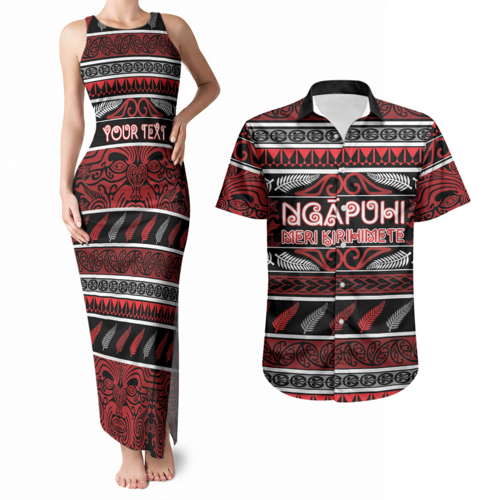 Personalised Ngapuhi Aotearoa Meri Kirihimete Couples Matching Tank Maxi Dress and Hawaiian Shirt Maori Silver Fern Koru Tribal Pattern
