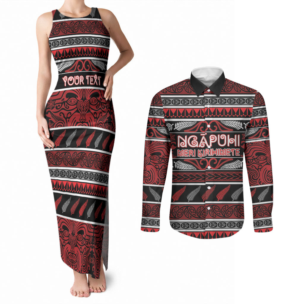 Personalised Ngapuhi Aotearoa Meri Kirihimete Couples Matching Tank Maxi Dress and Long Sleeve Button Shirt Maori Silver Fern Koru Tribal Pattern