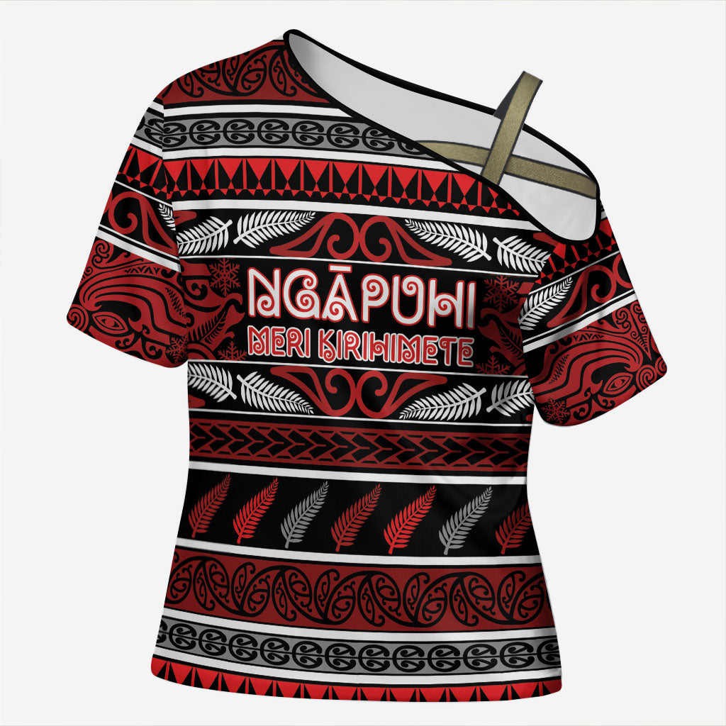 Personalised Ngapuhi Aotearoa Meri Kirihimete Cross Shoulder Shirt Maori Silver Fern Koru Tribal Pattern