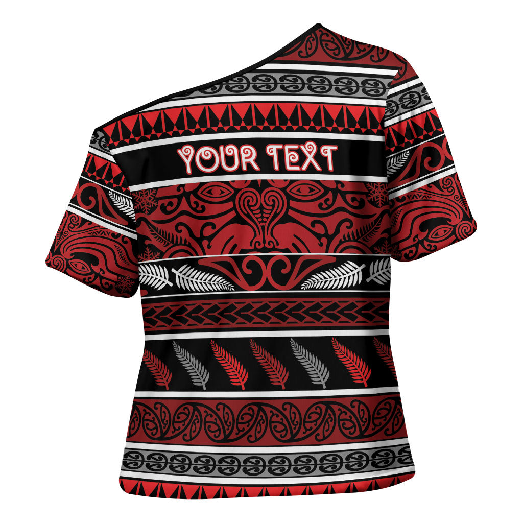 Personalised Ngapuhi Aotearoa Meri Kirihimete Cross Shoulder Shirt Maori Silver Fern Koru Tribal Pattern