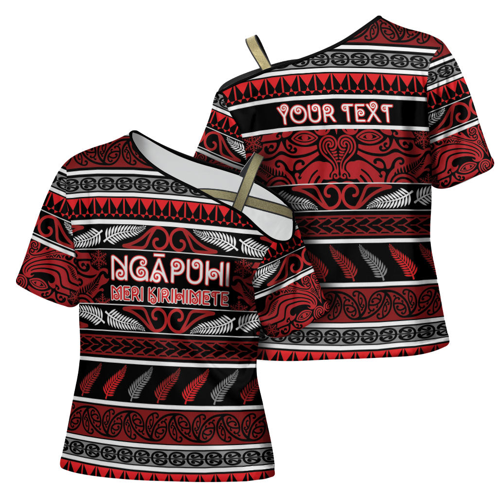 Personalised Ngapuhi Aotearoa Meri Kirihimete Cross Shoulder Shirt Maori Silver Fern Koru Tribal Pattern