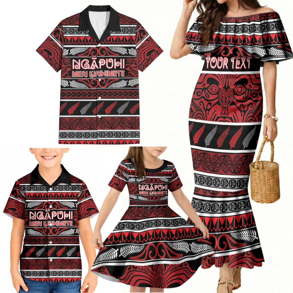Personalised Ngapuhi Aotearoa Meri Kirihimete Family Matching Mermaid Dress and Hawaiian Shirt Maori Silver Fern Koru Tribal Pattern