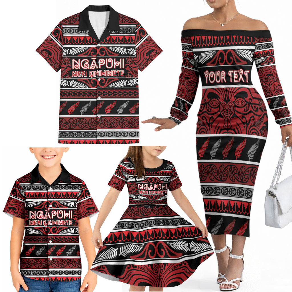 Personalised Ngapuhi Aotearoa Meri Kirihimete Family Matching Off The Shoulder Long Sleeve Dress and Hawaiian Shirt Maori Silver Fern Koru Tribal Pattern