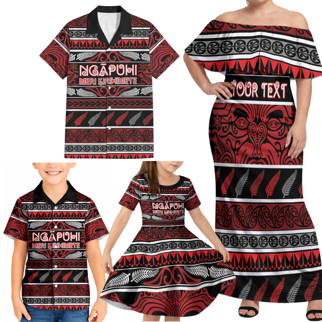 Personalised Ngapuhi Aotearoa Meri Kirihimete Family Matching Off Shoulder Maxi Dress and Hawaiian Shirt Maori Silver Fern Koru Tribal Pattern