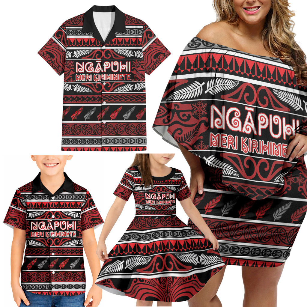 Personalised Ngapuhi Aotearoa Meri Kirihimete Family Matching Off Shoulder Short Dress and Hawaiian Shirt Maori Silver Fern Koru Tribal Pattern