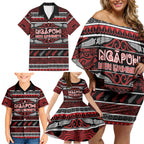 Personalised Ngapuhi Aotearoa Meri Kirihimete Family Matching Off Shoulder Short Dress and Hawaiian Shirt Maori Silver Fern Koru Tribal Pattern