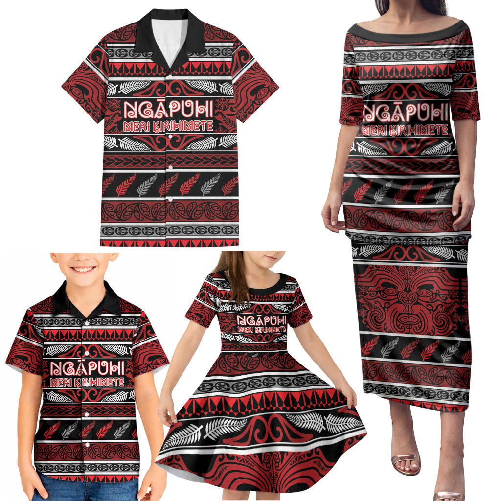 Personalised Ngapuhi Aotearoa Meri Kirihimete Family Matching Puletasi and Hawaiian Shirt Maori Silver Fern Koru Tribal Pattern