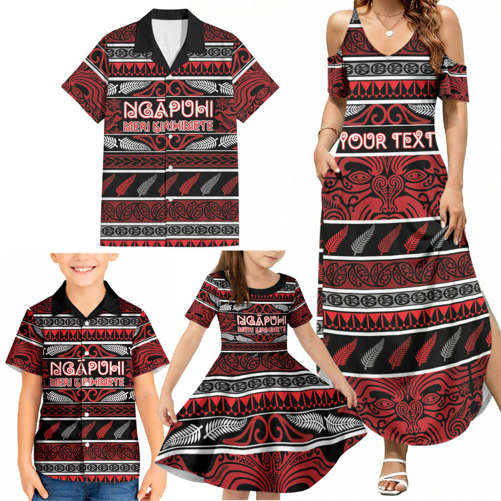 Personalised Ngapuhi Aotearoa Meri Kirihimete Family Matching Summer Maxi Dress and Hawaiian Shirt Maori Silver Fern Koru Tribal Pattern