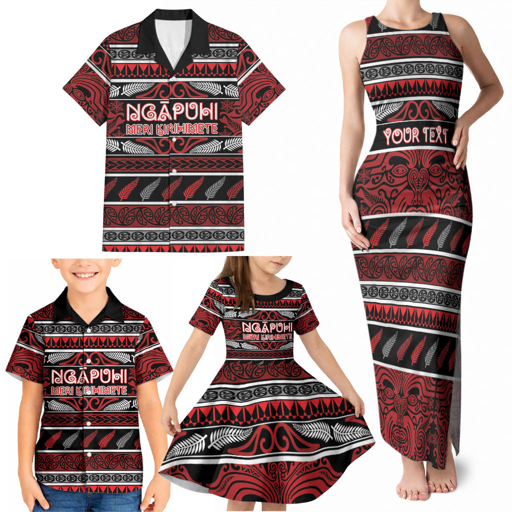 Personalised Ngapuhi Aotearoa Meri Kirihimete Family Matching Tank Maxi Dress and Hawaiian Shirt Maori Silver Fern Koru Tribal Pattern