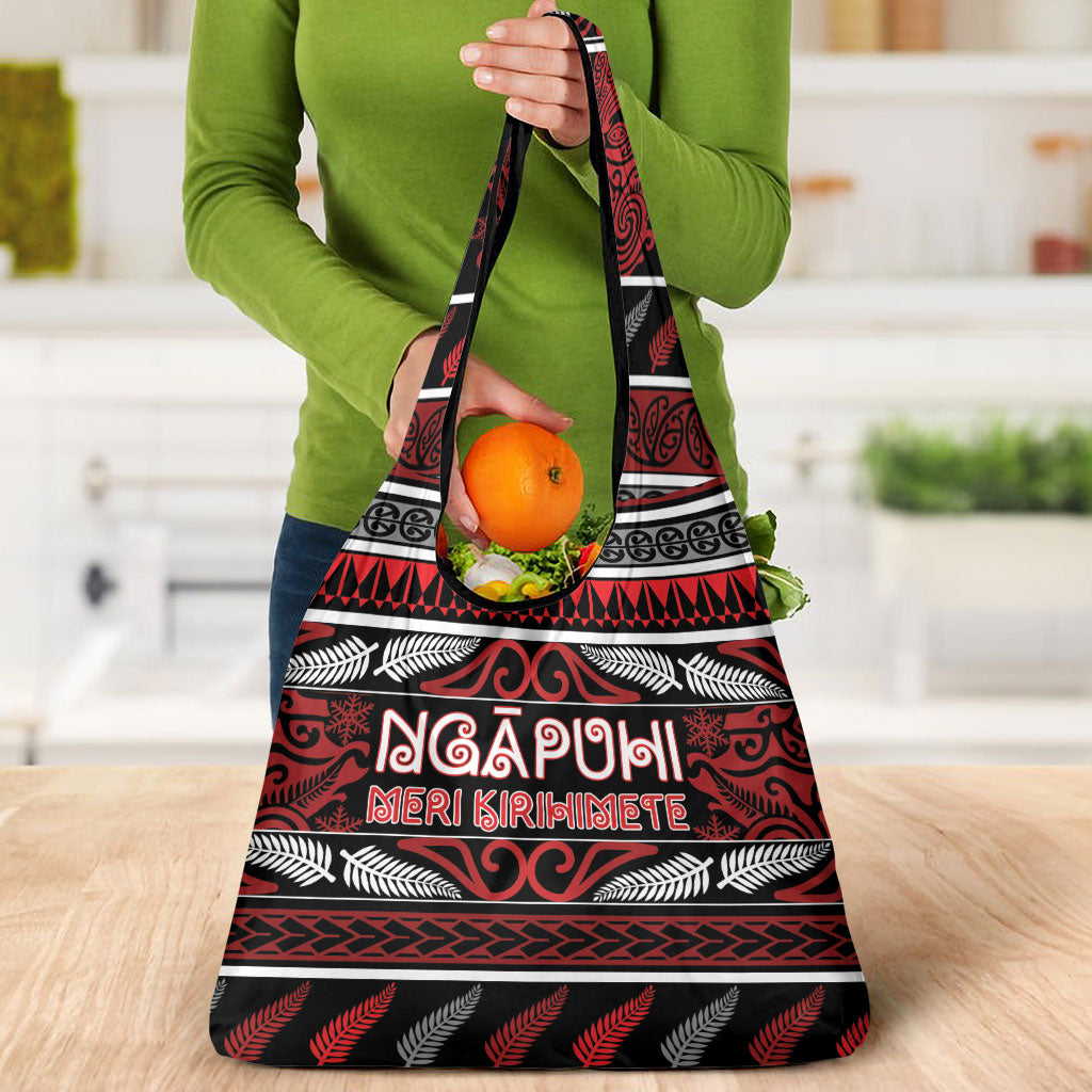 Ngapuhi Aotearoa Meri Kirihimete Grocery Bag Maori Silver Fern Koru Tribal Pattern