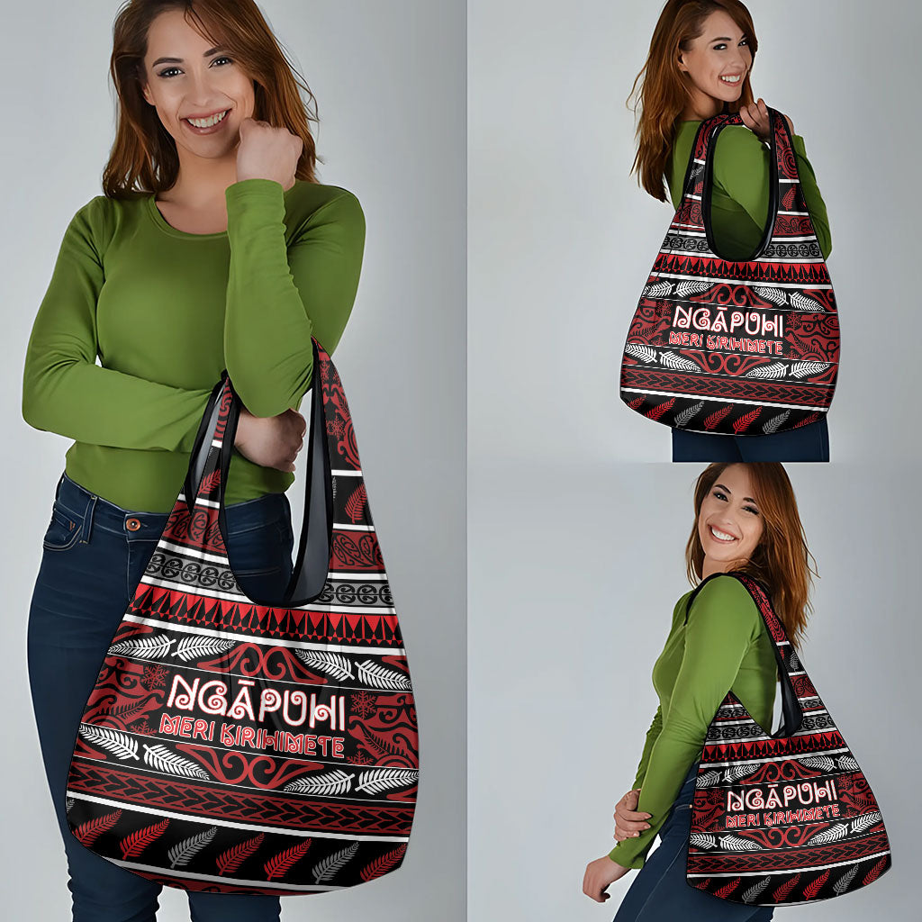Ngapuhi Aotearoa Meri Kirihimete Grocery Bag Maori Silver Fern Koru Tribal Pattern