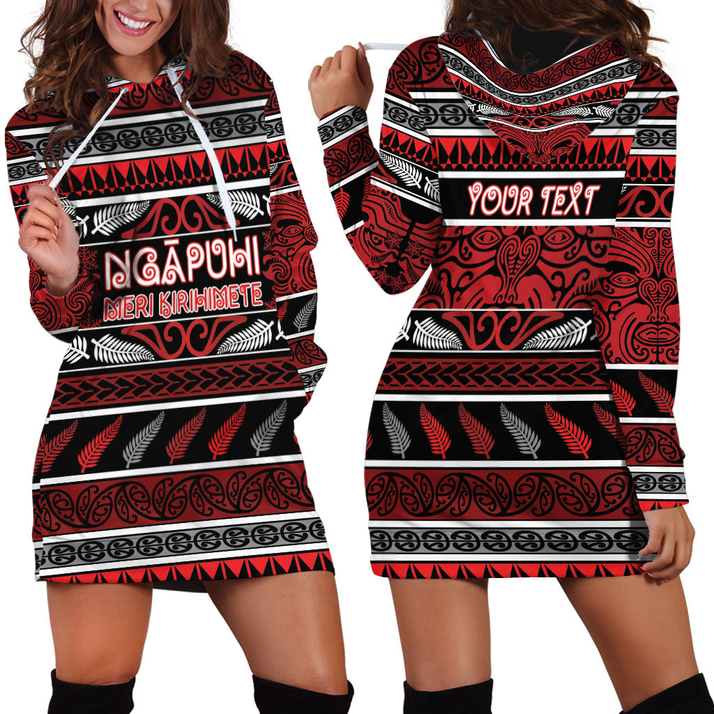 Personalised Ngapuhi Aotearoa Meri Kirihimete Hoodie Dress Maori Silver Fern Koru Tribal Pattern