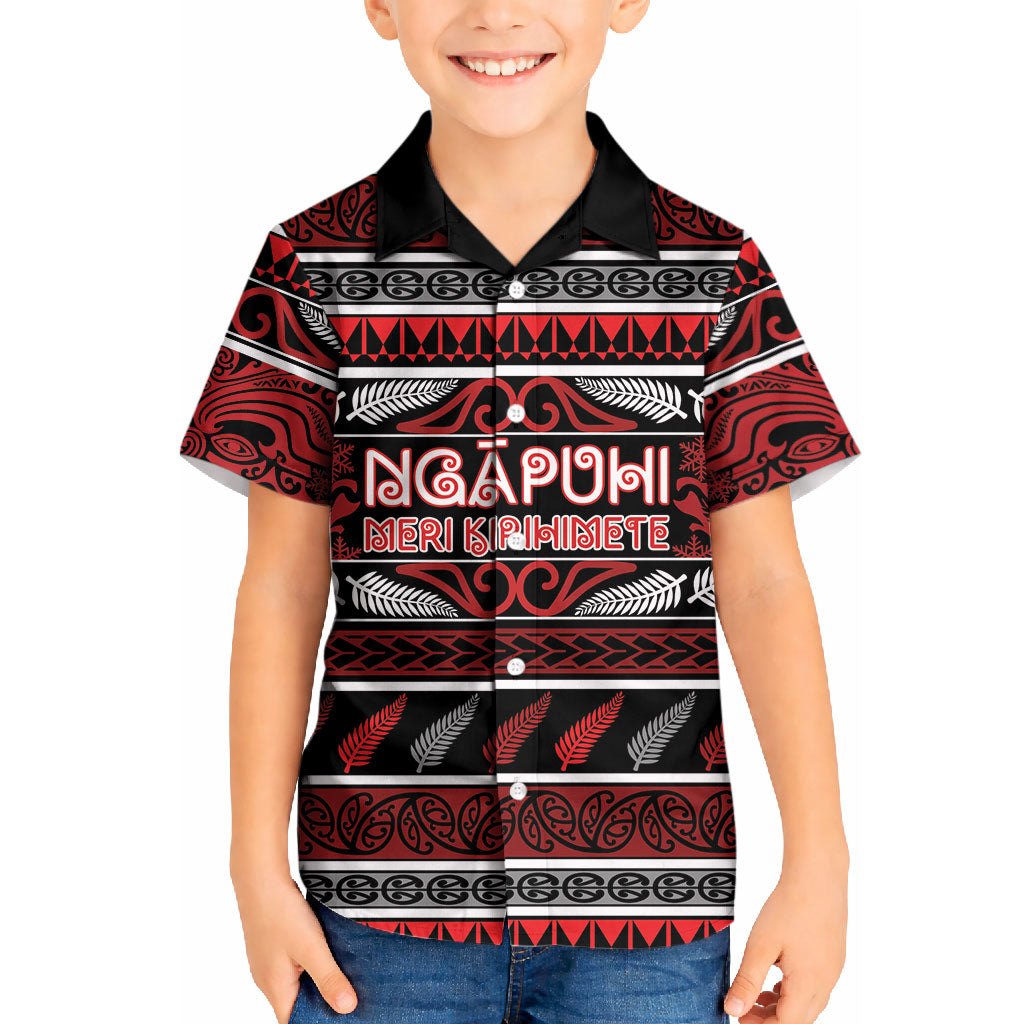 Personalised Ngapuhi Aotearoa Meri Kirihimete Kid Hawaiian Shirt Maori Silver Fern Koru Tribal Pattern