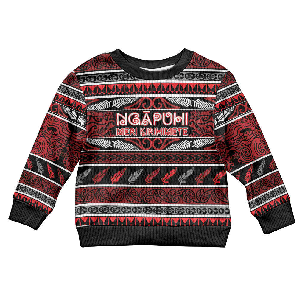 Personalised Ngapuhi Aotearoa Meri Kirihimete Kid Ugly Christmas Sweater Maori Silver Fern Koru Tribal Pattern