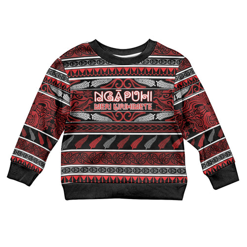 Personalised Ngapuhi Aotearoa Meri Kirihimete Kid Ugly Christmas Sweater Maori Silver Fern Koru Tribal Pattern