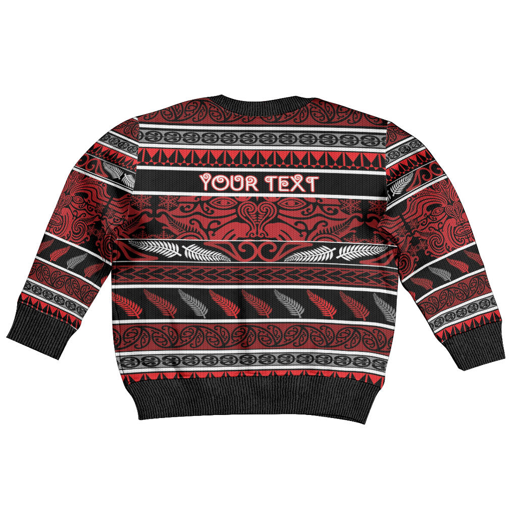 Personalised Ngapuhi Aotearoa Meri Kirihimete Kid Ugly Christmas Sweater Maori Silver Fern Koru Tribal Pattern