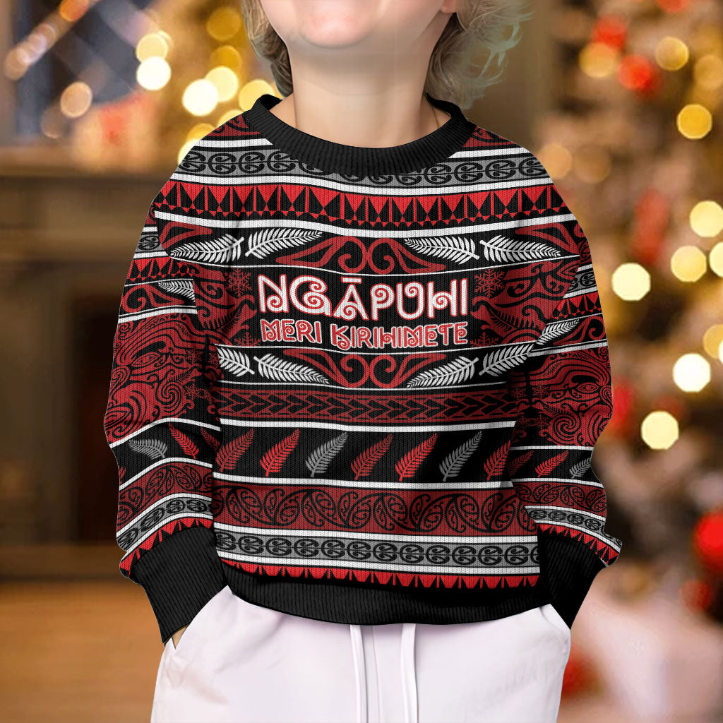 Personalised Ngapuhi Aotearoa Meri Kirihimete Kid Ugly Christmas Sweater Maori Silver Fern Koru Tribal Pattern