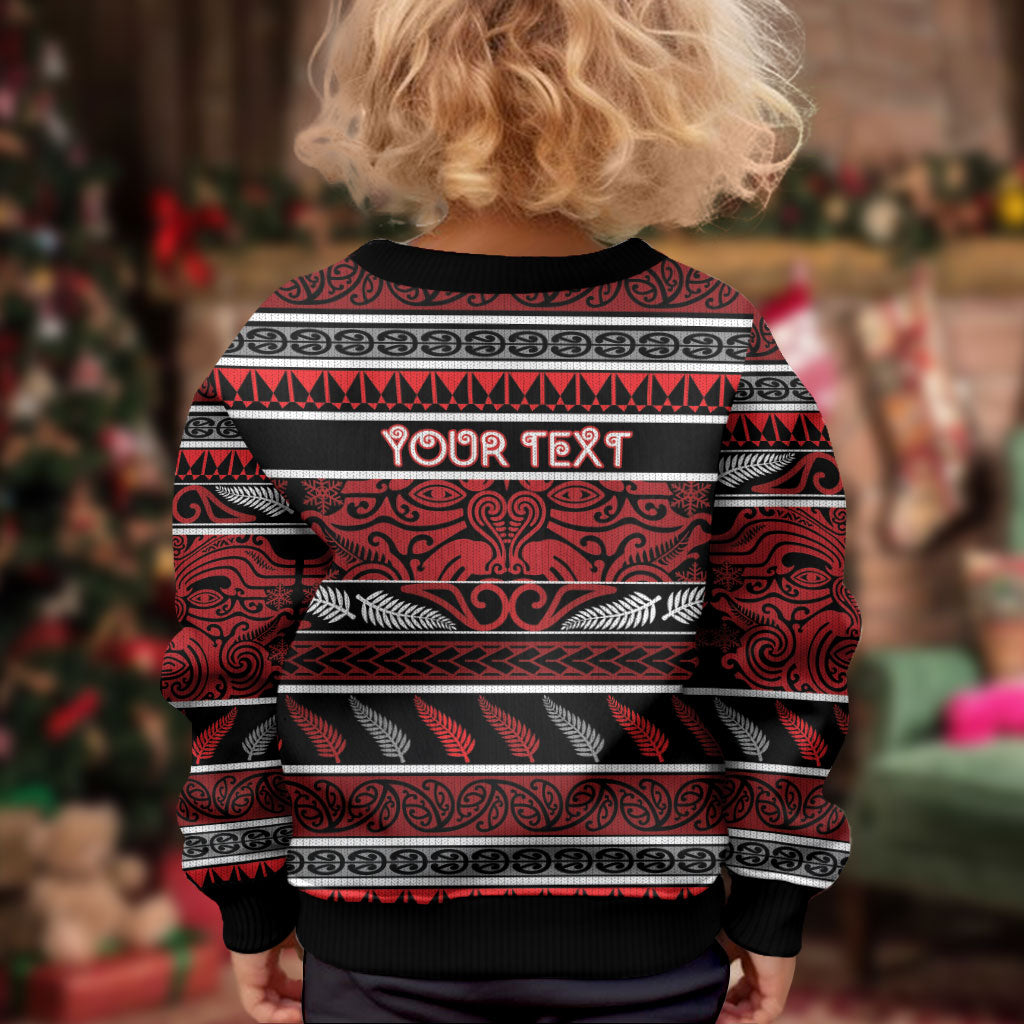 Personalised Ngapuhi Aotearoa Meri Kirihimete Kid Ugly Christmas Sweater Maori Silver Fern Koru Tribal Pattern
