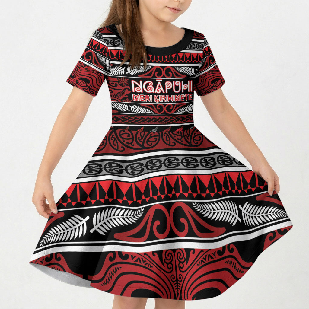 Personalised Ngapuhi Aotearoa Meri Kirihimete Kid Short Sleeve Dress Maori Silver Fern Koru Tribal Pattern